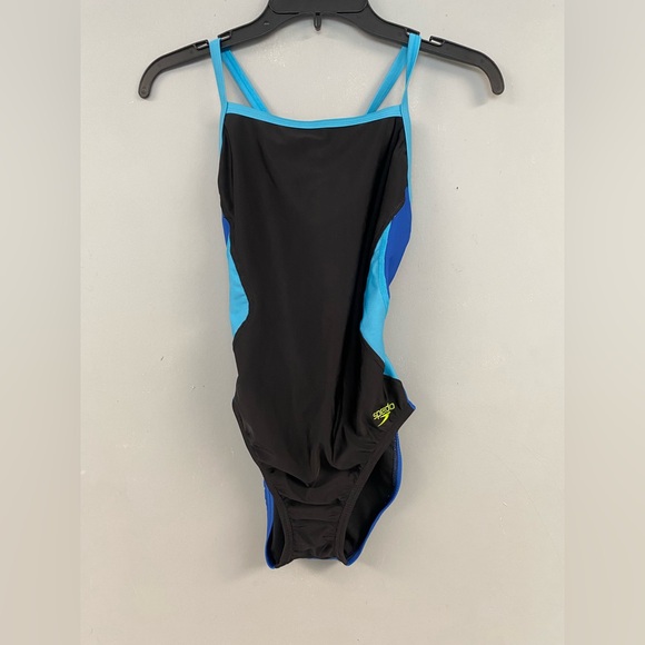 SPEEDO Female Eco ProLT Splice Flyback One Piece Swimsuit Black Blue Trim Size 8 - Picture 2 of 5